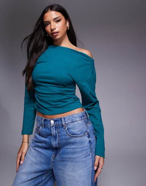 ASOS DESIGN off the shoulder cinched waist long sleeve asymmetric top in teal - view 1