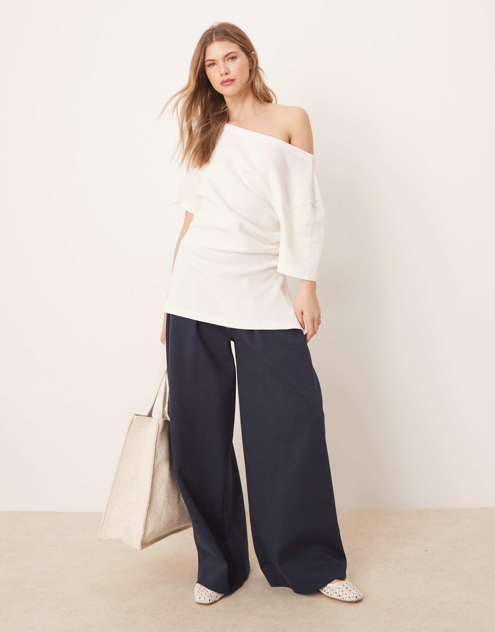 asos design off the shoulder cinched waist waffle knit t-shirt in washed cream