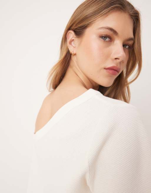 ASOS DESIGN off the shoulder cinched waist waffle knit t-shirt in washed cream, 4 of 4