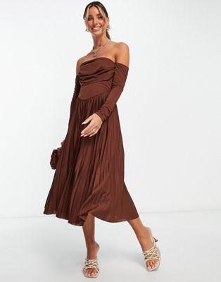 ASOS DESIGN off the shoulder corset detail pleated midi dress in chocolate