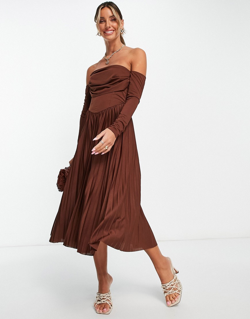 ASOS DESIGN off the shoulder corset detail pleated midi dress in chocolate-Brown