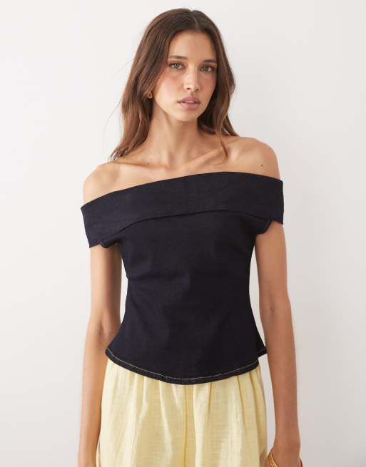 ASOS DESIGN off the shoulder denim top in dark blue, 4 of 4