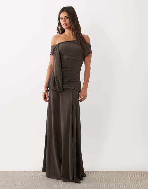 ASOS DESIGN off the shoulder draped maxi dress in coffee - view 1