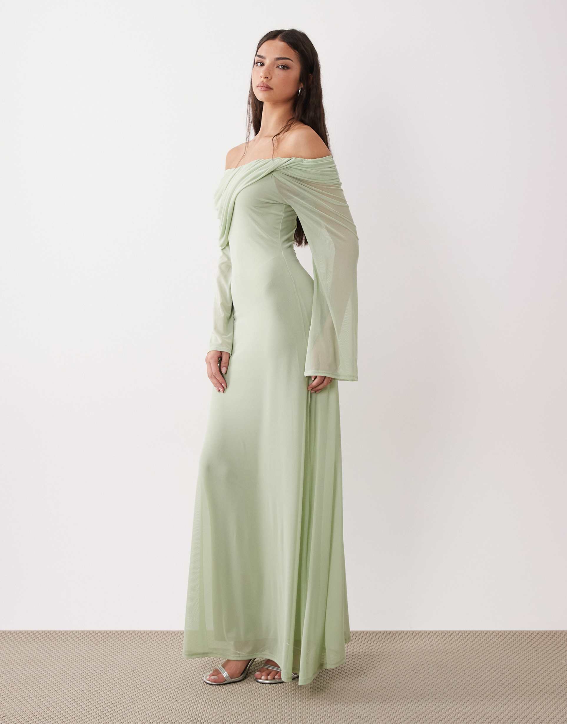 asos design off the shoulder draped neck long sleeve maxi dress in sage