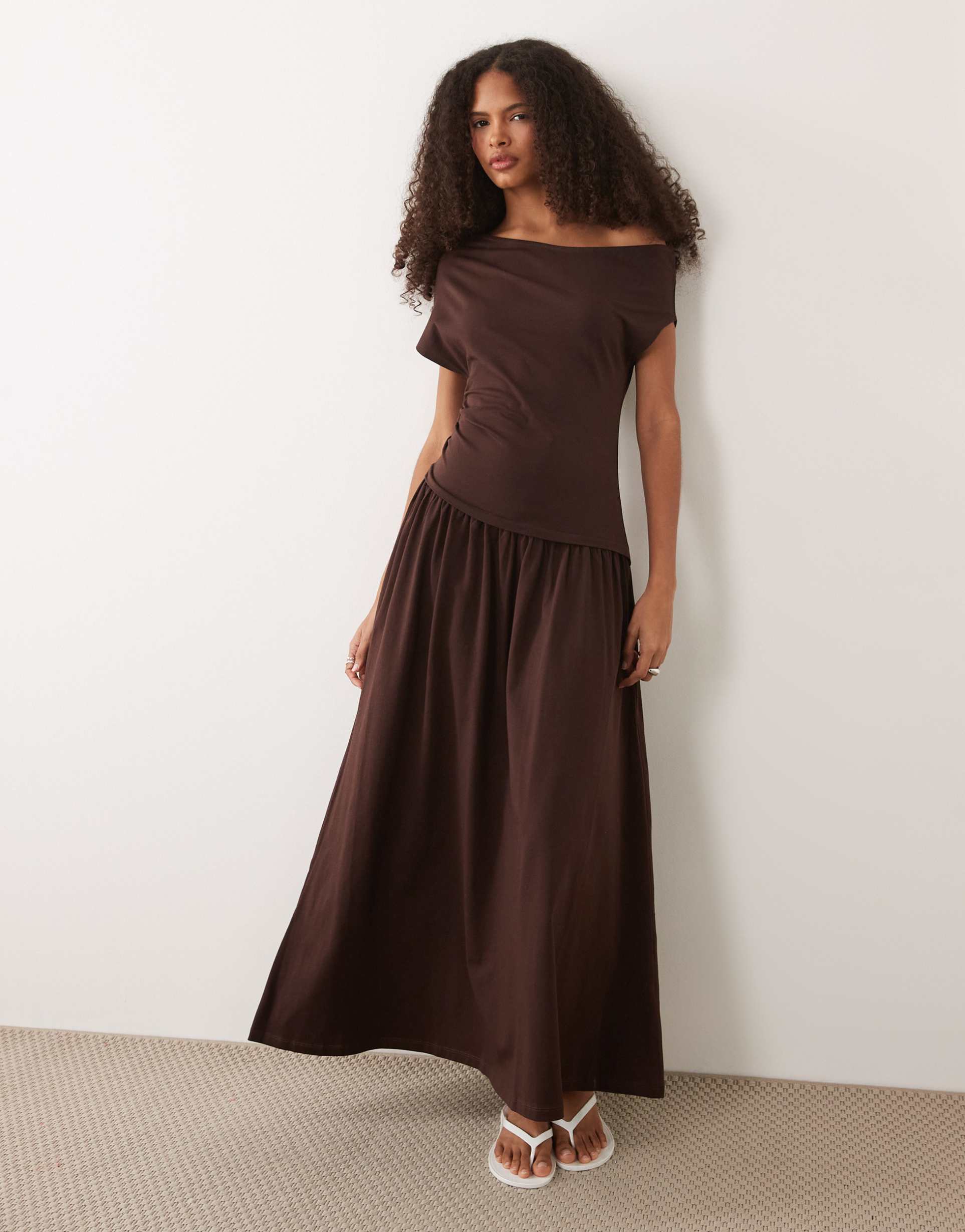 asos design off the shoulder dropped waist maxi dress in chocolate brown