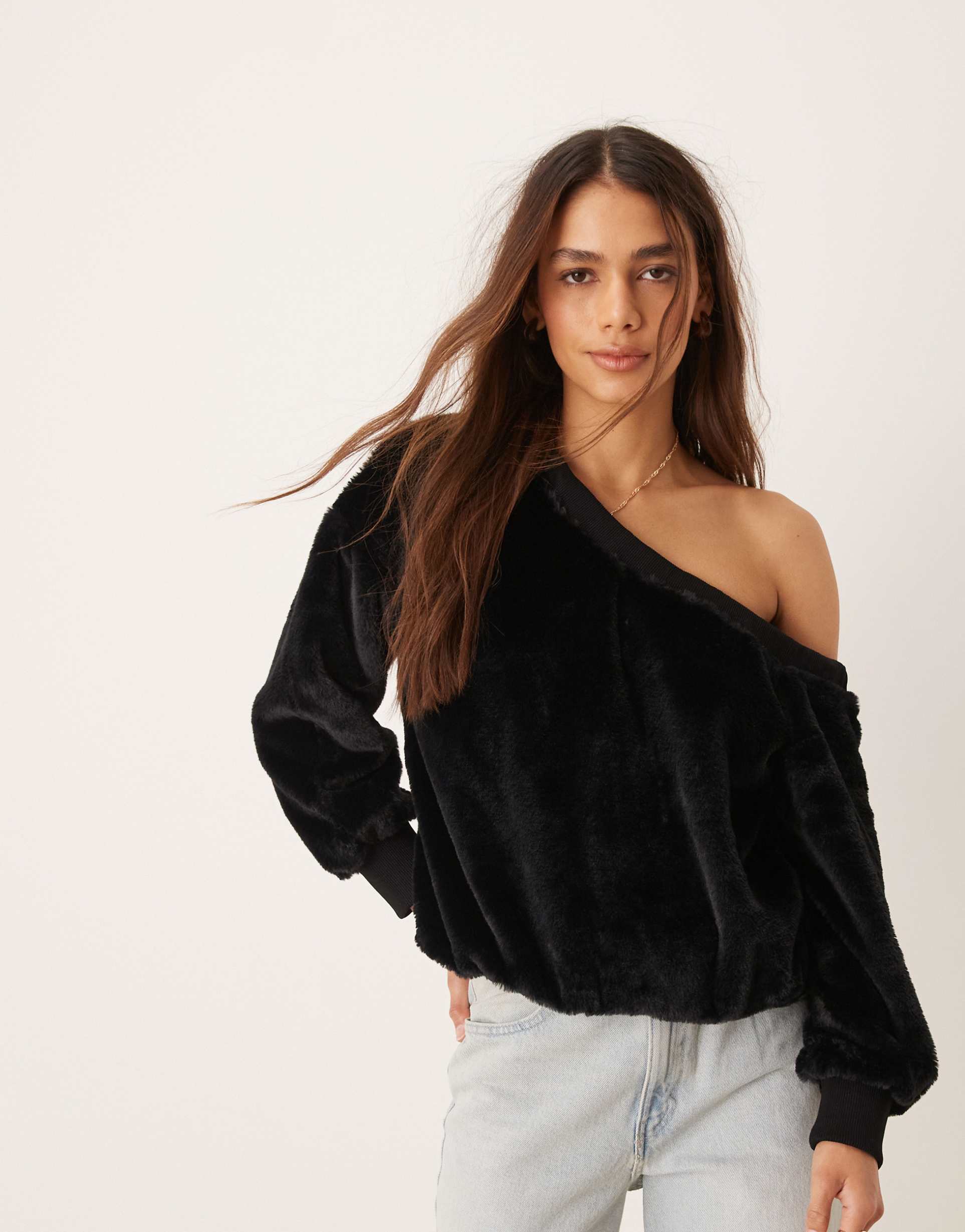 asos design off the shoulder faux fur asymmetric top in black