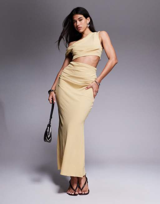 ASOS DESIGN off the shoulder faux two piece midi dress in pale yellow