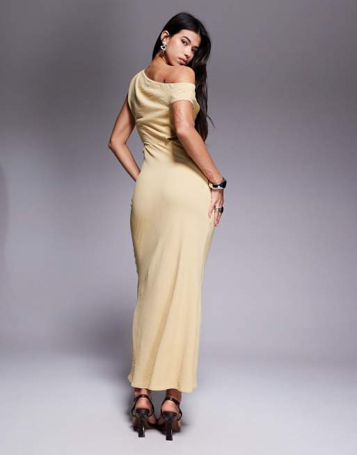 ASOS DESIGN off the shoulder faux two piece midi dress in pale yellow