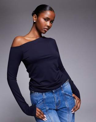 ASOS DESIGN off the shoulder fitted top in navy