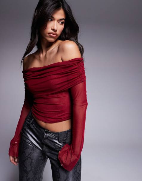 ASOS DESIGN off the shoulder flared sleeve mesh top in burgundy  - view 1