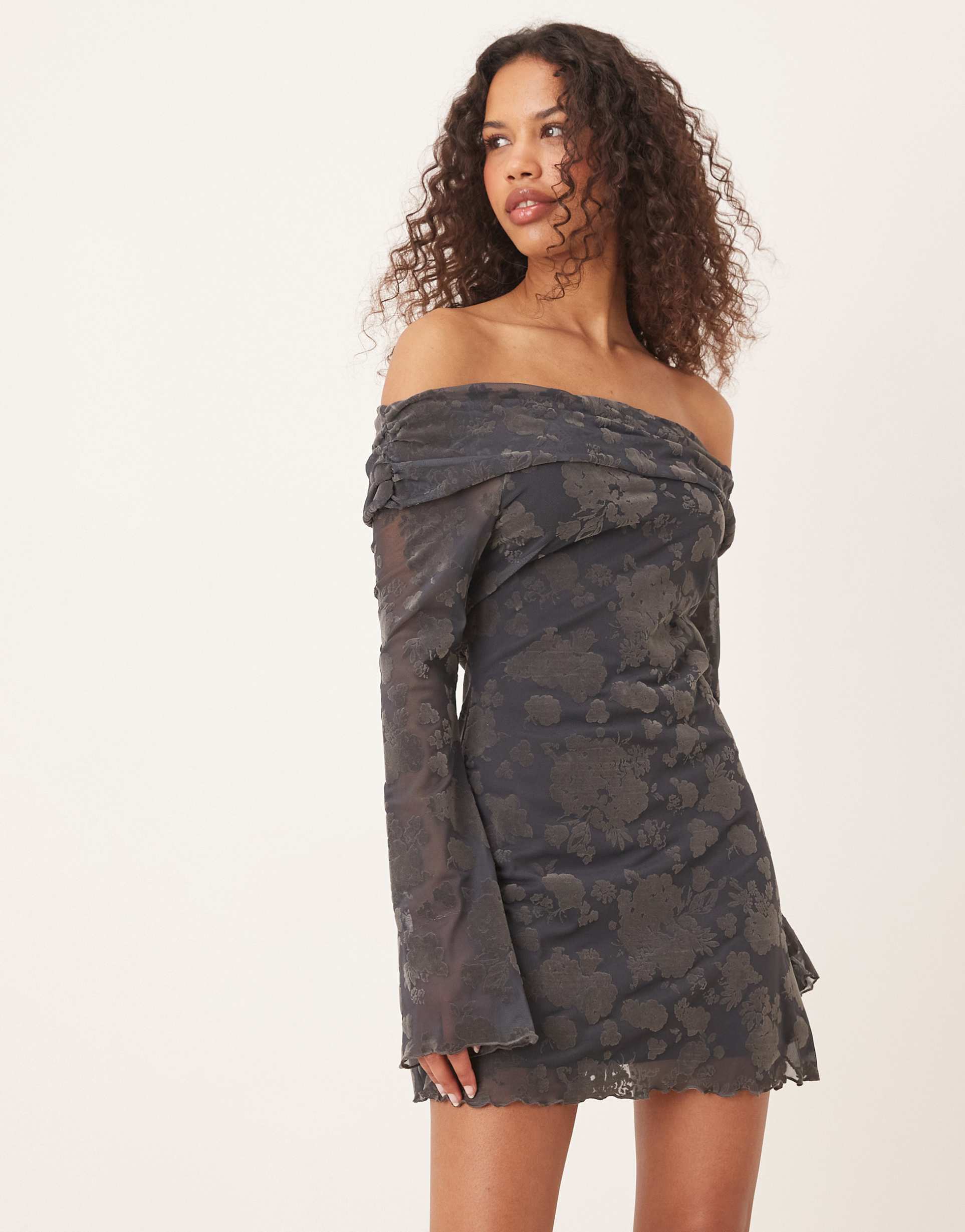asos design off the shoulder flocked off the shoulder mini dress in petrol blue