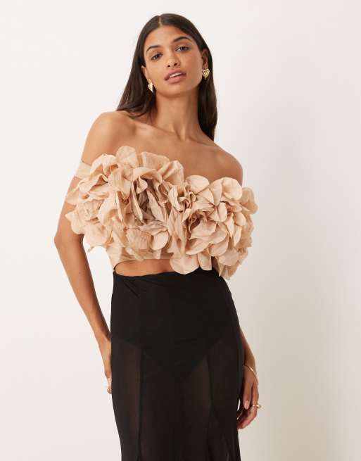 ASOS DESIGN off the shoulder flower detail maxi dress in monochrome
