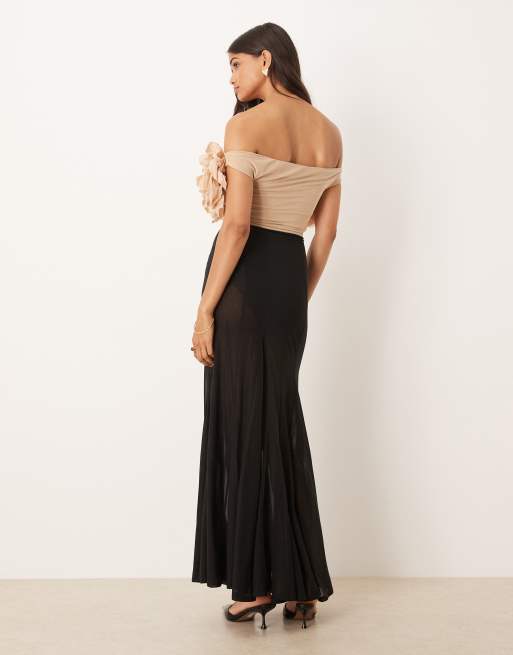 ASOS DESIGN off the shoulder flower detail maxi dress in monochrome