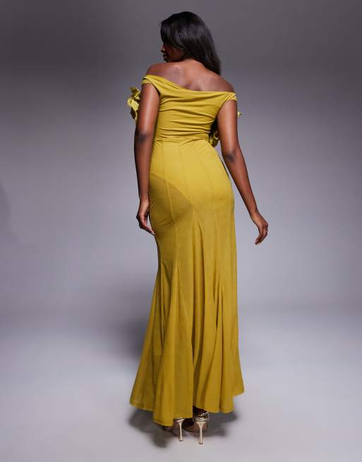 ASOS DESIGN off the shoulder flower detail maxi dress in olive