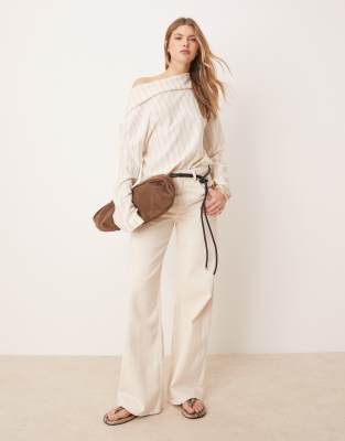 ASOS DESIGN off the shoulder folded detail long sleeve top in cream pinstripe