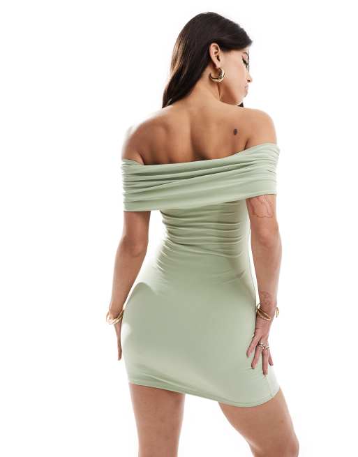 asos green frill dress ASOS DESIGN ruffle off shoulder mini dress in forest green