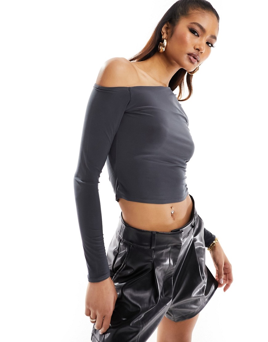 ASOS DESIGN off the shoulder gathered top in charcoal-Grey