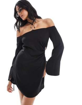 off the shoulder halter neck mini dress with curved hem and hardware detail in black