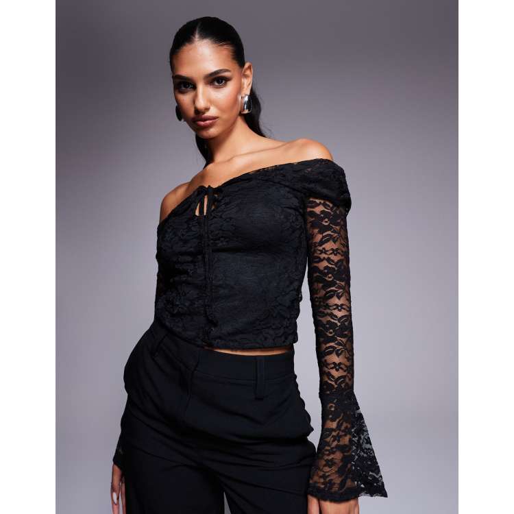 ASOS DESIGN off the shoulder keyhole detail top in black lace