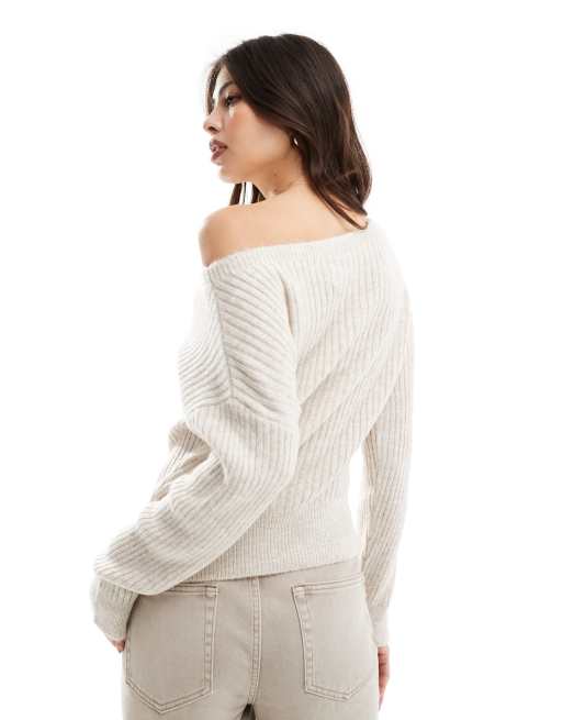 ASOS DESIGN off the shoulder knitted jumper in ecru ASOS