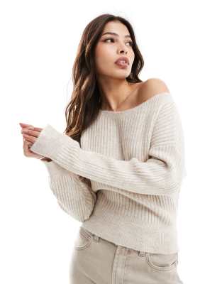 Asos Design Off The Shoulder Knitted Sweater In Ecru-white