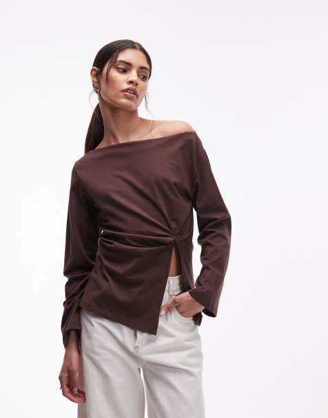 ASOS DESIGN off the shoulder knot detail long sleeve top in chocolate - view 1