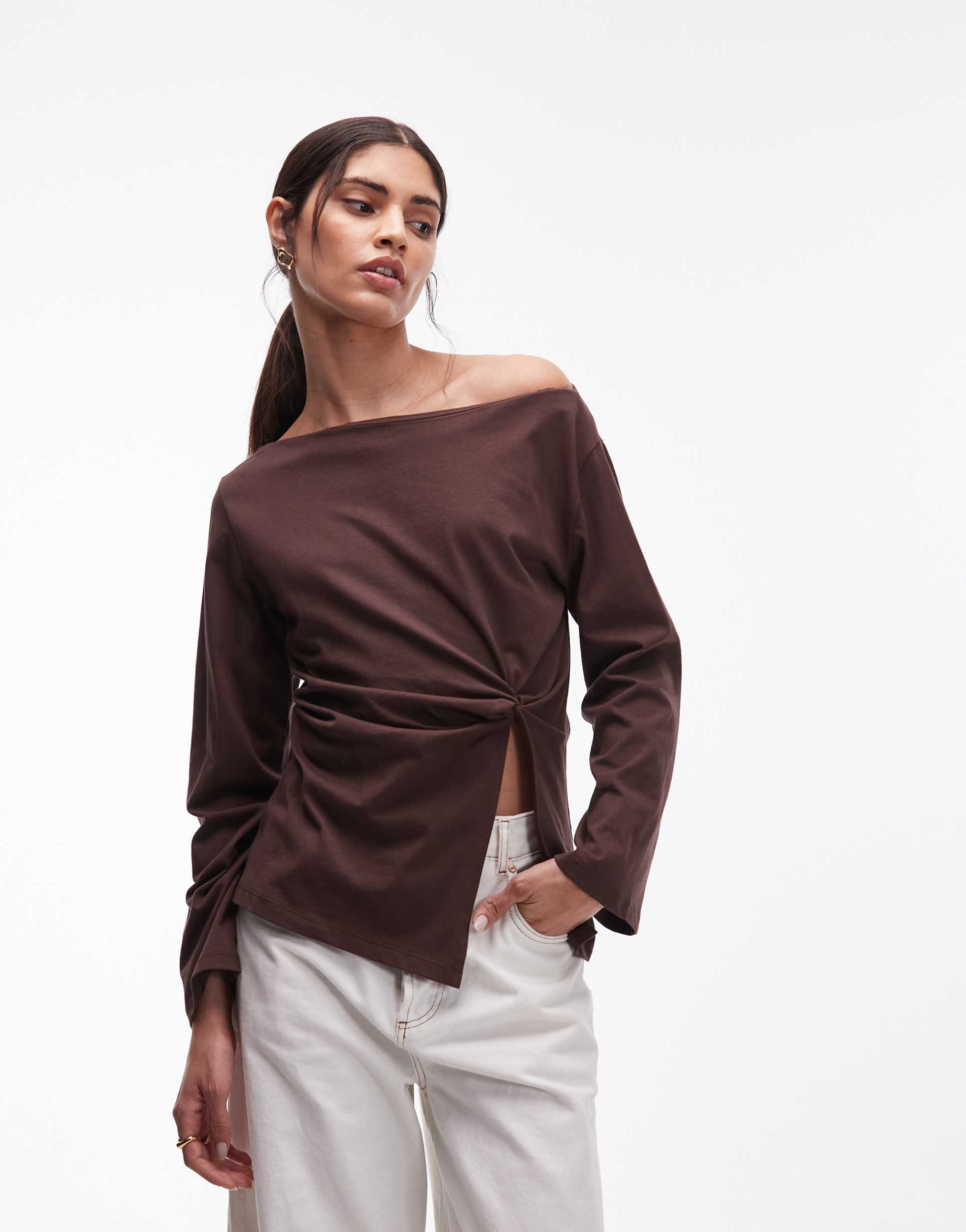 asos design off the shoulder knot detail long sleeve top in chocolate
