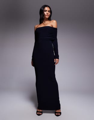 Asos Design Off Shoulder Twist Midi Dress With Long Sleeves In Black In Black