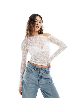 ASOS DESIGN sheer lace asymmetric top in ivory