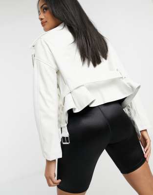 white off the shoulder leather jacket