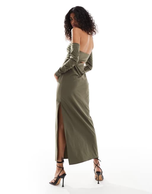 ASOS Design Off The Shoulder Long Sleeve Cut Out Maxi Dress in olive Green