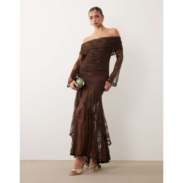ASOS DESIGN off the shoulder long sleeve lace maxi dress in chocolate brown  | ASOS