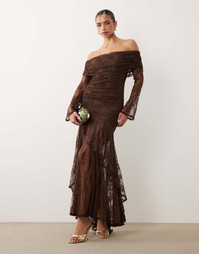 brown lace dress with sleeves ASOS DESIGN off the shoulder long sleeve maxi in chocolate Long Sleeve Ribbed Sweater SU22 Size:Youth Small and a soft crinkle