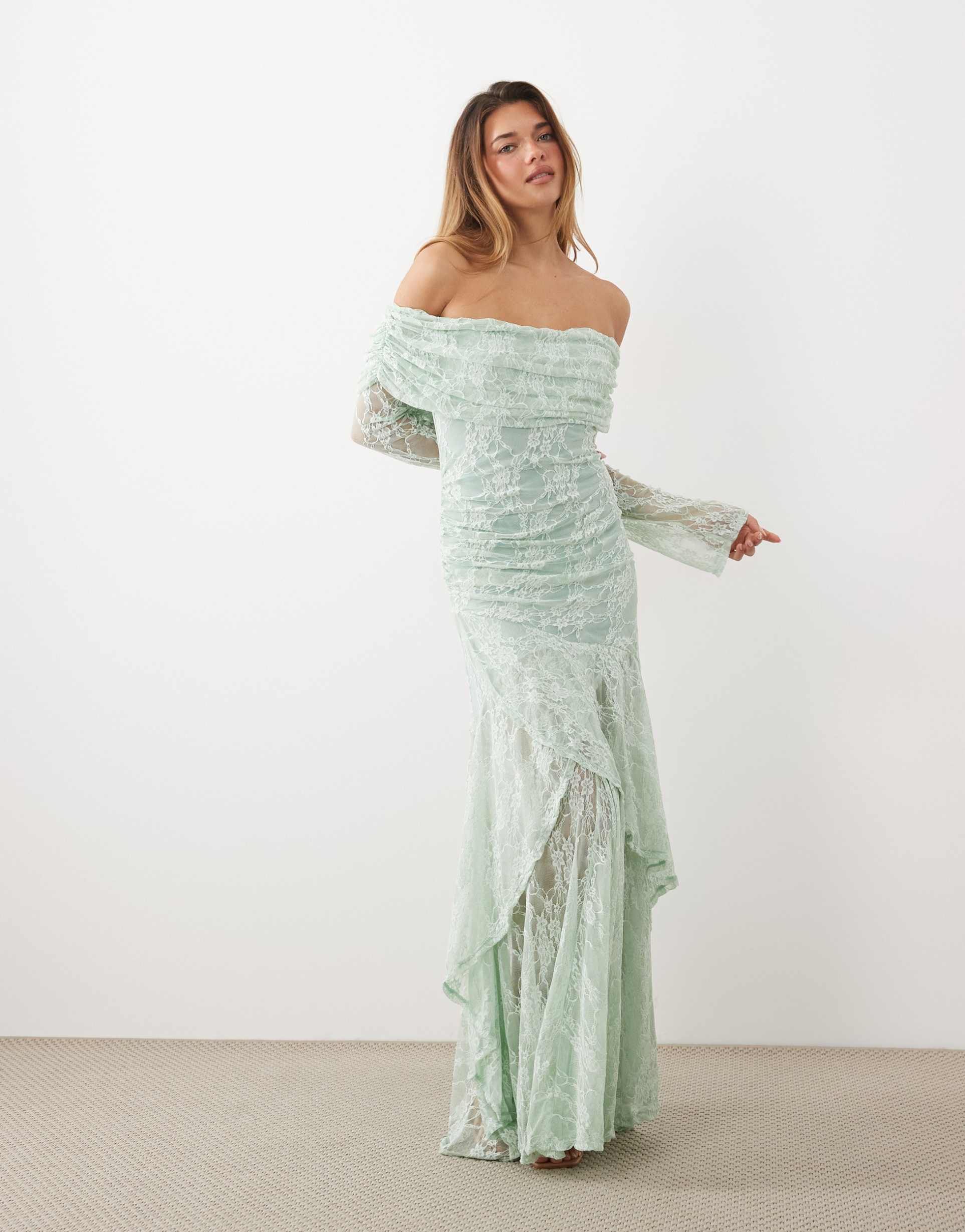 asos design off the shoulder long sleeve lace maxi dress in mint