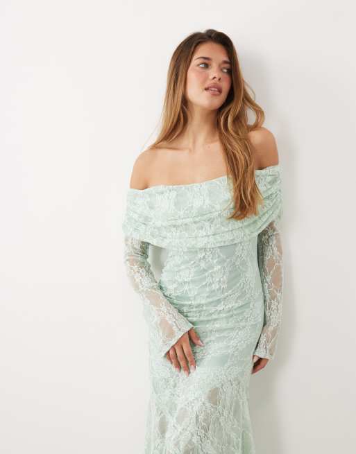 ASOS DESIGN off the shoulder long sleeve lace maxi dress in mint, 4 of 4