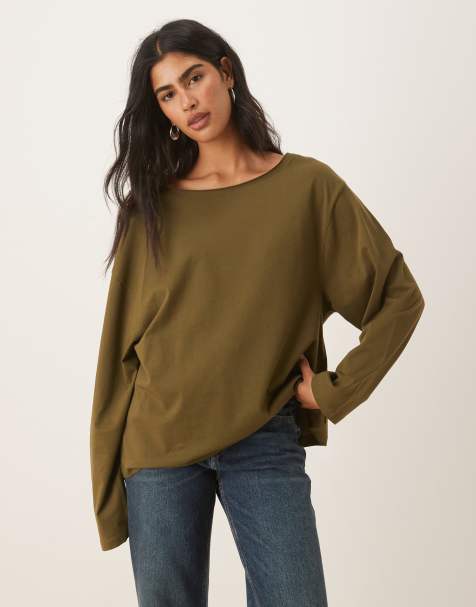 ASOS DESIGN off the shoulder long sleeve tee in dark olive - view 1