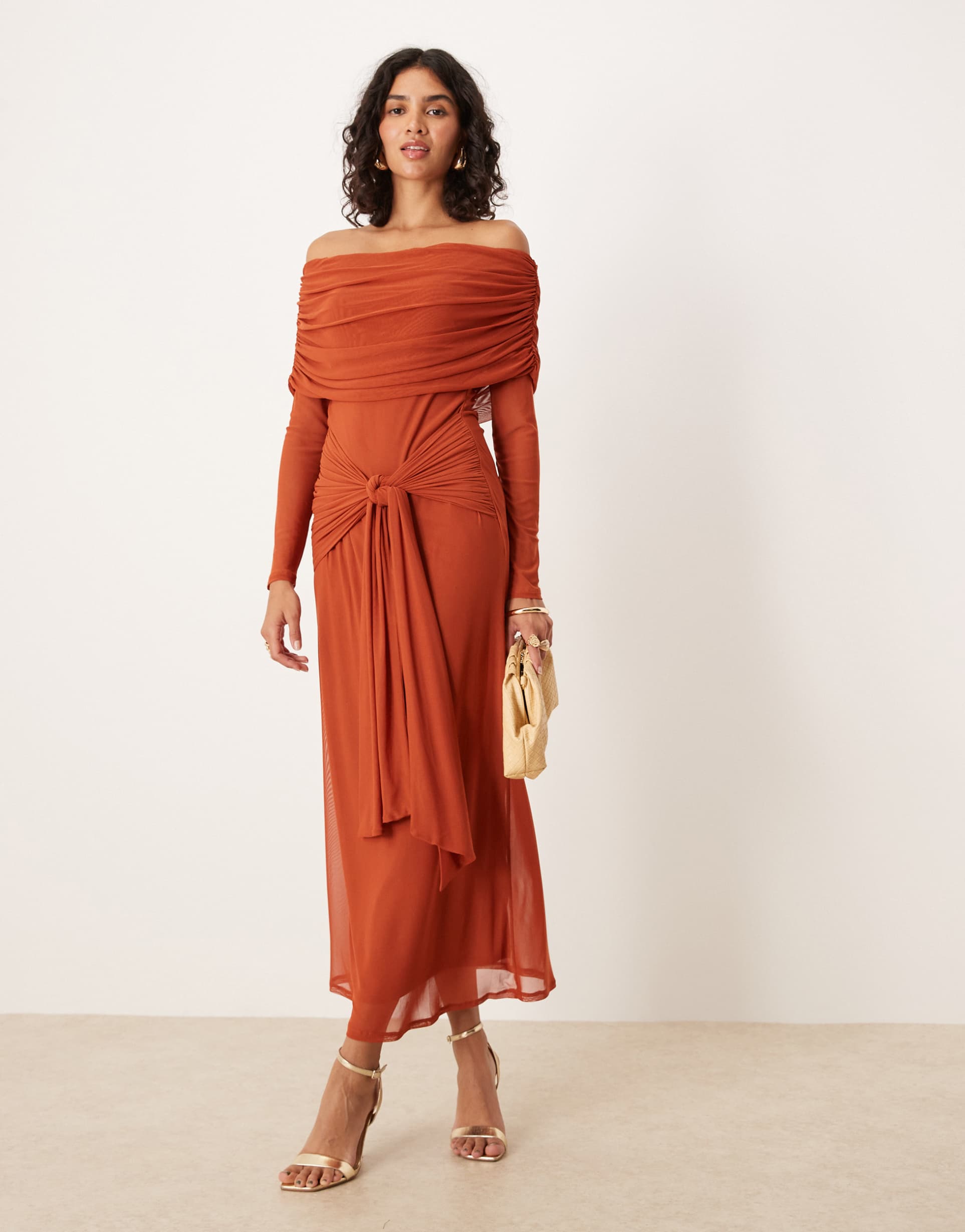 asos design off the shoulder long sleeve tie front midi dress in rust