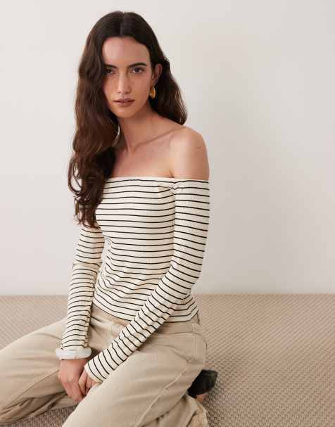 ASOS DESIGN Off the shoulder long sleeve top with black and ecru stripes - view 1