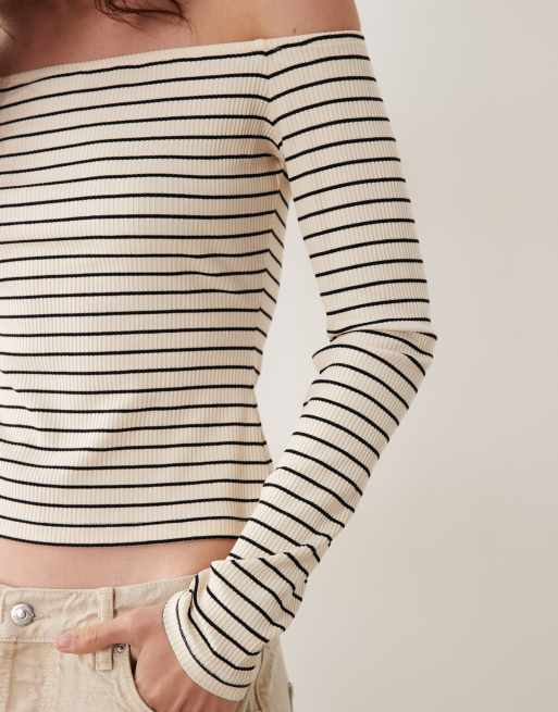 ASOS DESIGN Off the shoulder long sleeve top with black and ecru stripes, 3 of 4