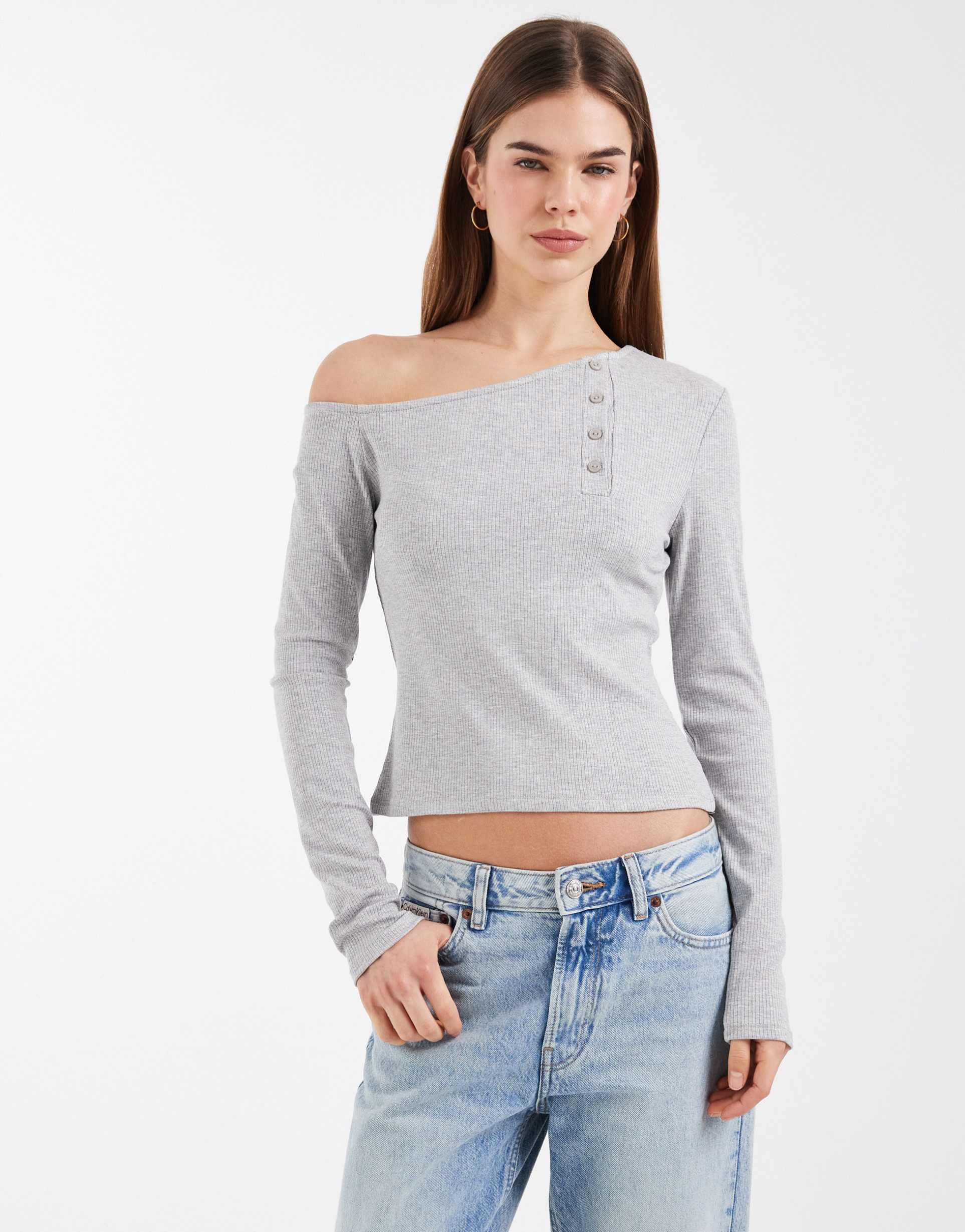 asos design off the shoulder long sleeve top with button detail in gray heather