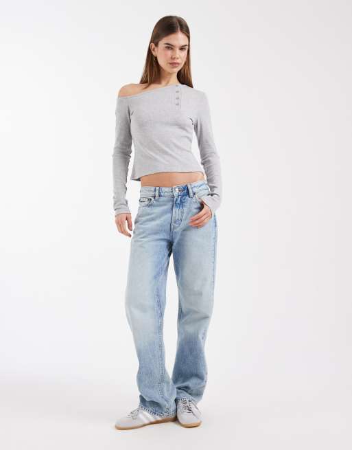 ASOS DESIGN off the shoulder long sleeve top with button detail in grey marl, 3 of 4
