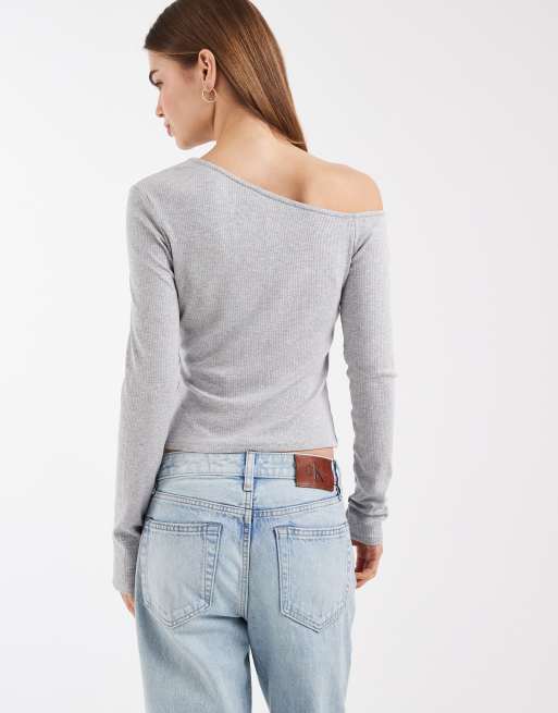 ASOS DESIGN off the shoulder long sleeve top with button detail in grey marl, 4 of 4