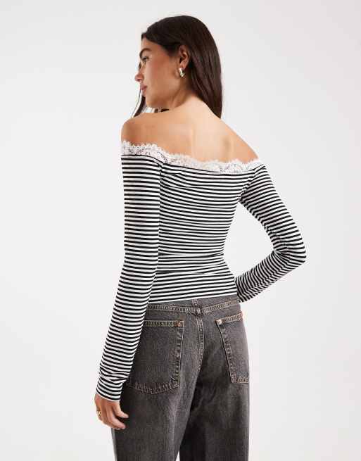 ASOS DESIGN off the shoulder long sleeve top with lace trim in black and white stripes, 2 of 4
