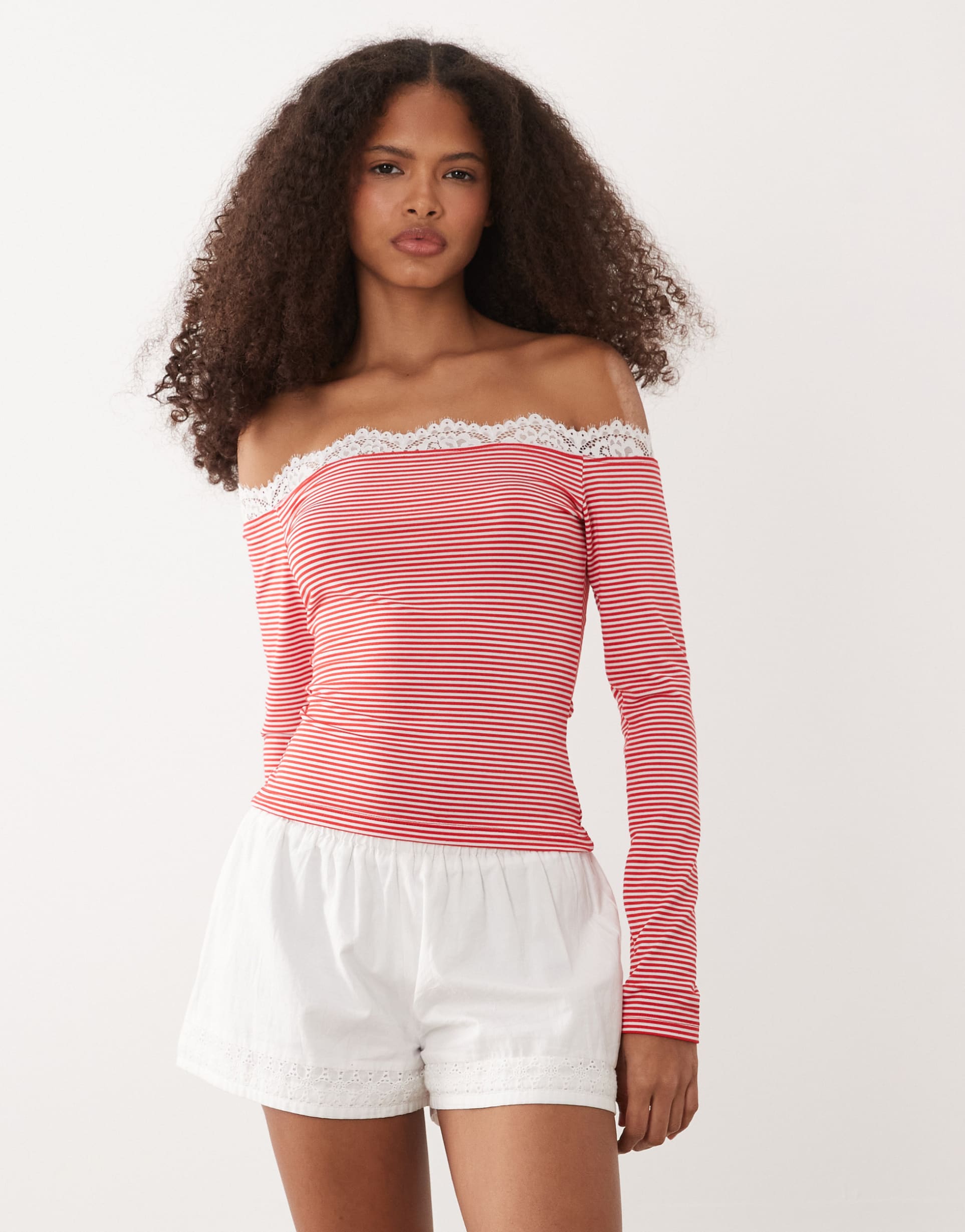 asos design off the shoulder long sleeve top with lace trim in red and white stripes