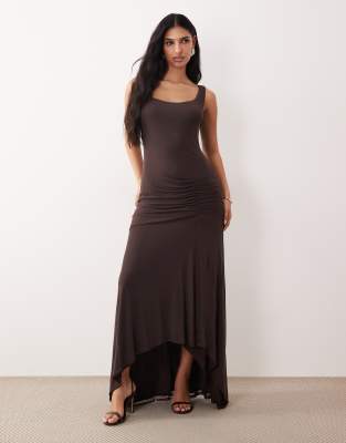 Asos Design Off The Shoulder Maxi Dress In Brown
