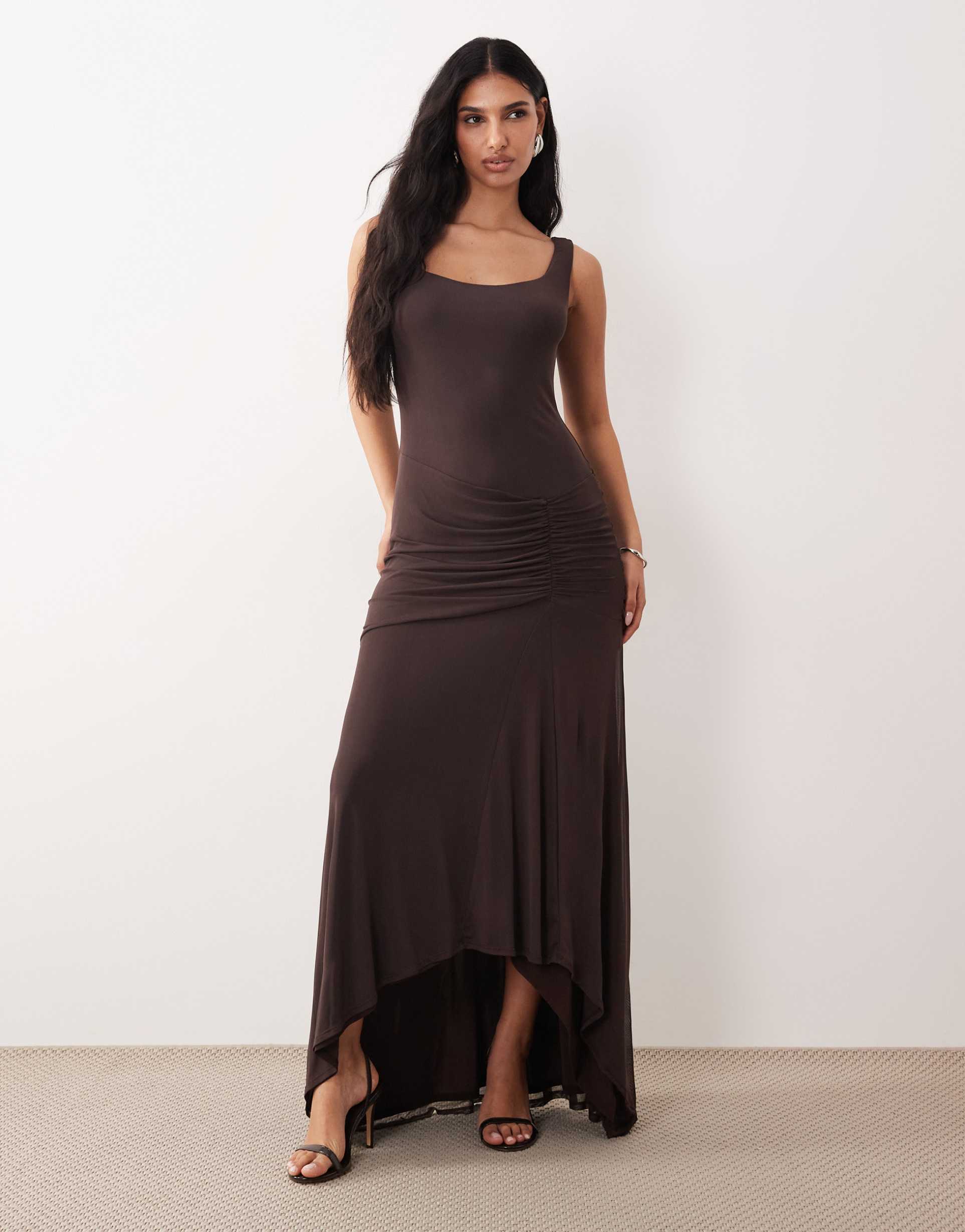 asos design off the shoulder maxi dress in chocolate