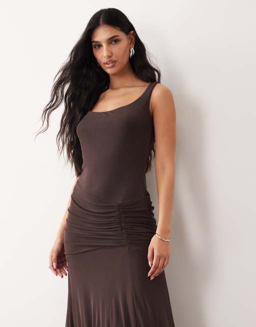 ASOS DESIGN off the shoulder maxi dress in chocolate, 2 of 4