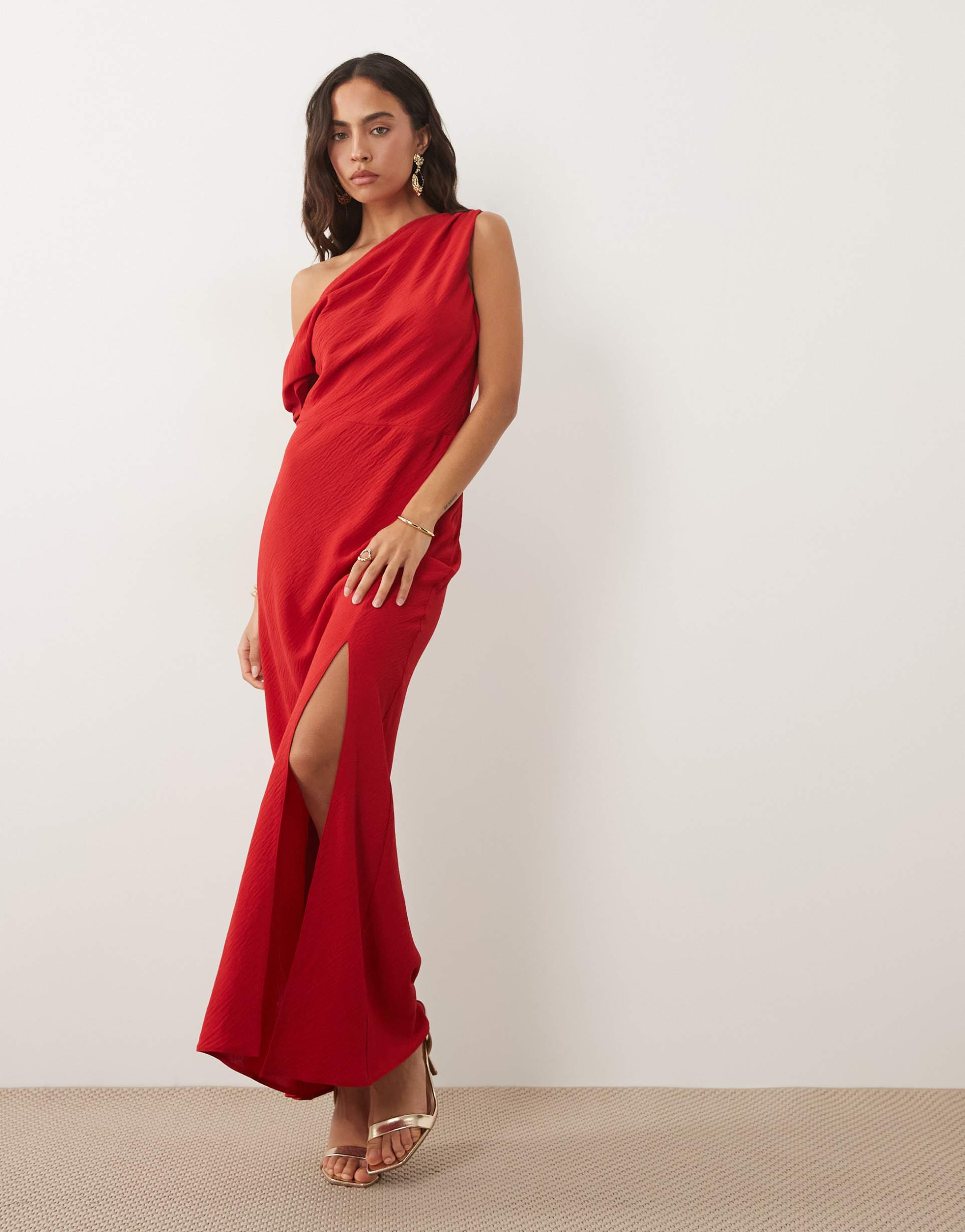 asos design off the shoulder maxi dress in red