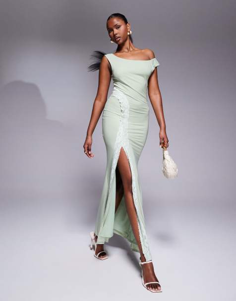 ASOS DESIGN off the shoulder maxi dress with lace sides and slit in sage green - view 1