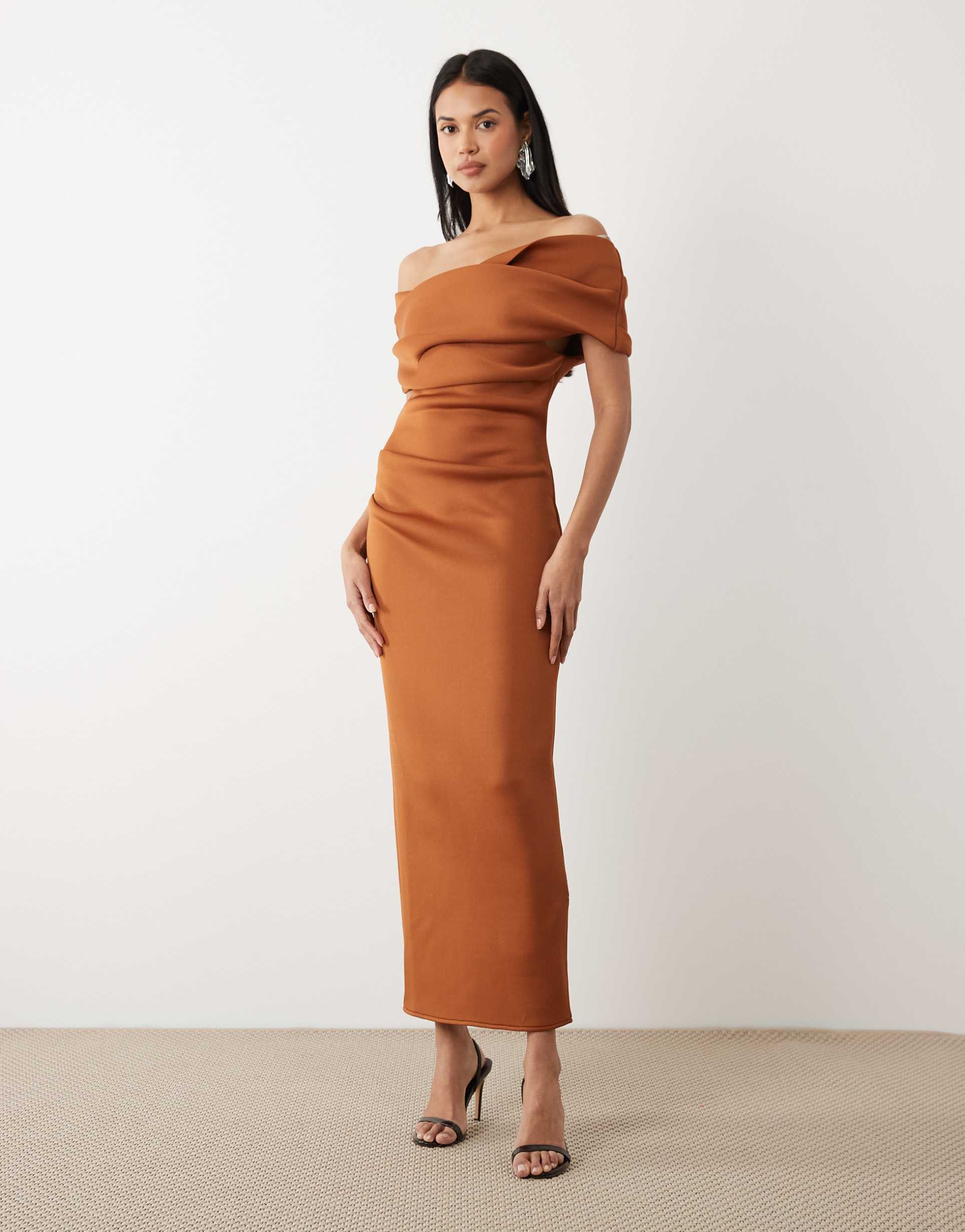 asos design off the shoulder midaxi dress with slit in brown scuba-style fabric